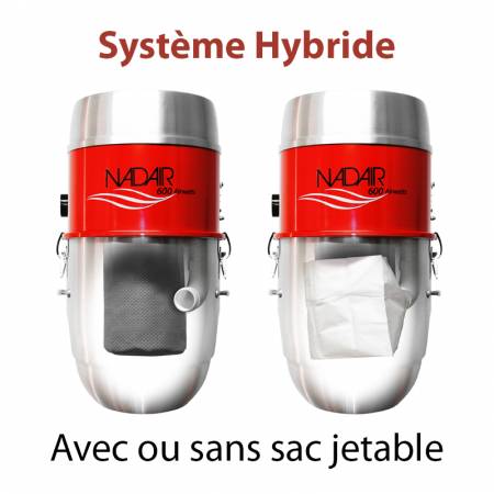 Système hybride, aspirateur centralisé NADAIR 600 22L avec ou sans sac jetable