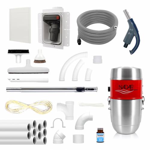 Pack RETRAFLEX complet avec aspirateur centralisé, accessoires, et réseau de canalisation.