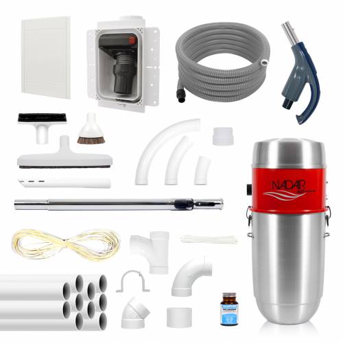 Pack RETRAFLEX complet avec aspirateur centralisé, accessoires, et réseau de canalisation.